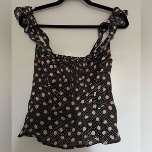 Whimsy + Row Black and Cream Polka Dot Ruffle Strap Top